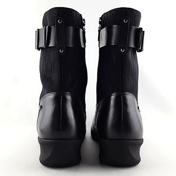 Aravon Women's Black Waterproof Leather Short Wedge Boots Buckle Strap Size 11 - Picture 6 of 16